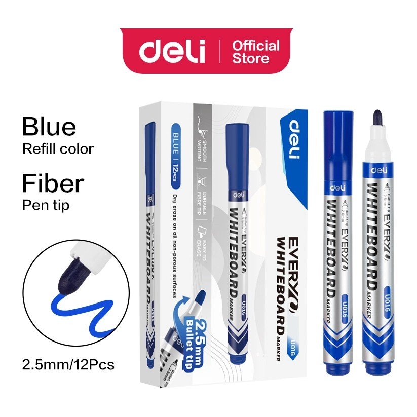 ปากกาไวท์บอร์ด Deli EU016 หัวกลม 2.5 มม. สีน้ำเงิน
