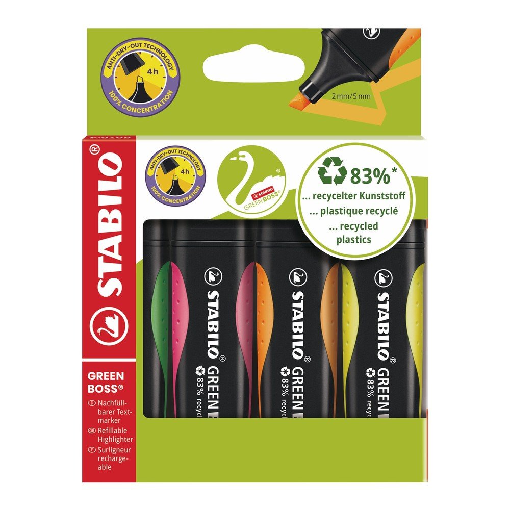 ปากกาเน้นข้อความ STABILO GREEN BOSS แพ็ก 4 สี
